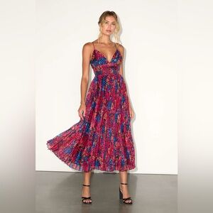 NWT Lulu’s Sincerely Gorgeous Black Multi Floral Pleated Midi Dress